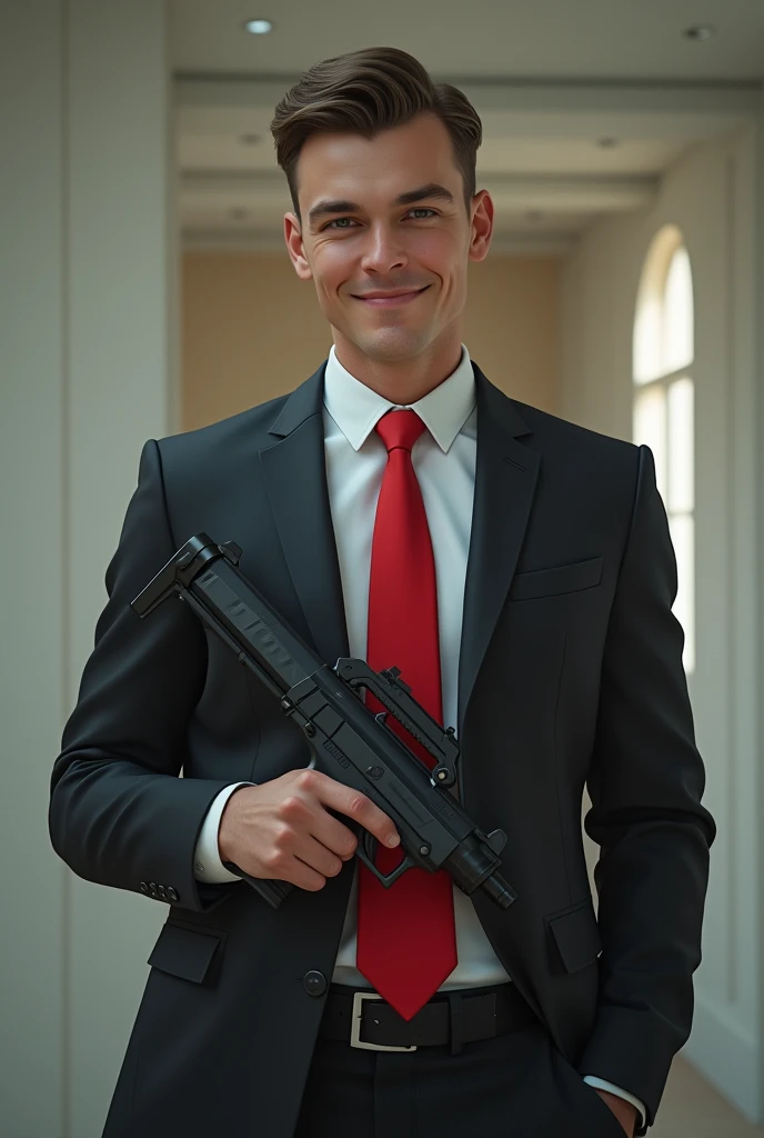 Create a image of a boy 20 years age look like agent 47 give him a red tie and a good smile with hair represent with areal time person hold ing gunin hand