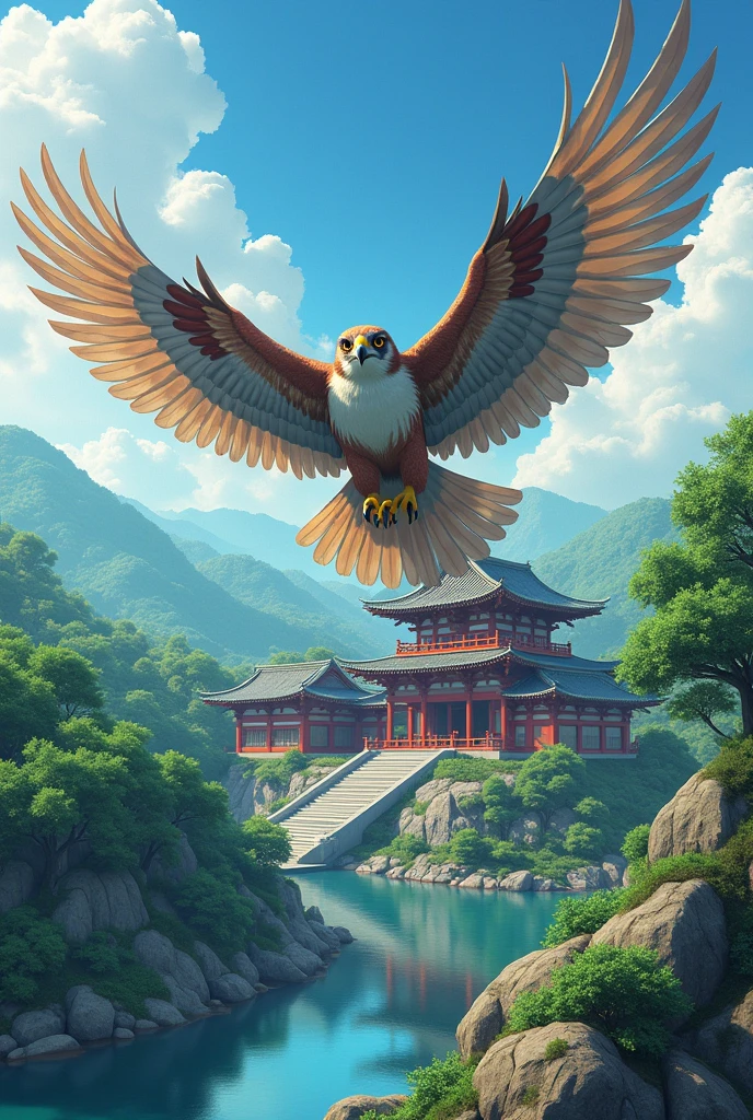 (photorealism:1.2) falcon flying over kame house 