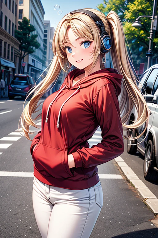 #Basics A girl is posing for a photo, (((One Girl))), (((Baby Face:1.4)) + ((cute:1.4)) + ((15 years old))),
break
#Clothing Accessories
((Red hoodie)) + ((White skinny pants)), (Black sneakers) + (Colorful headphones),
(Blue hoop earrings),
break
#Features
((Blonde:1.2)) + ((Center-parted bangs + Very long side bangs)) + ((Twin tails : Long Hair + Curly hair + Hair curled outside)),
((Droopy eyes:1.4, Big eyes:1.2), blue eyes), (Small breasts), (Neutral facial features),
break
#background environment
((noon, Sunlit sidewalk in downtown + street tree)),
#Facial Expression Pose
(smile, blush), (Hands behind back pose、Inflating bubble gum),
#composition
(Look into the camera), ((Character Focus), (Angle from the front), (Cowboy Shot)),
break
#Body parts elements
(Slim figure),
(Symmetrical facial features),
(Detailed Hair, Beautiful Hair, Shiny Hair),
(double eyelid, Long eyelashes, Thin eyebrows:0.5, Thin eyebrows:0.5),
(Expression of fine eyes, Beautiful and delicate eyes, Sparkling eyes, Eye Reflexes, Glitter Eyeliner),
(Human Ear),
(Beautiful Nose, Thin Nose),
(Glossy Lips, Beautiful Lips, Thick lips),
(Detailed skin, Textured skin, Beautiful Skin, Oily skin),
break
#Quality Image Quality Common
(((Highest quality)), ((masterpiece:1.3)), ((Very detailed))), ((Ultra-high resolution)), ((16K, 1080P)), ((Full HD)),
(Anatomically correct), (Realistic), (3DCG), (Oil painting),
((comics, anime)), (CG illustration), (RAW Photos),