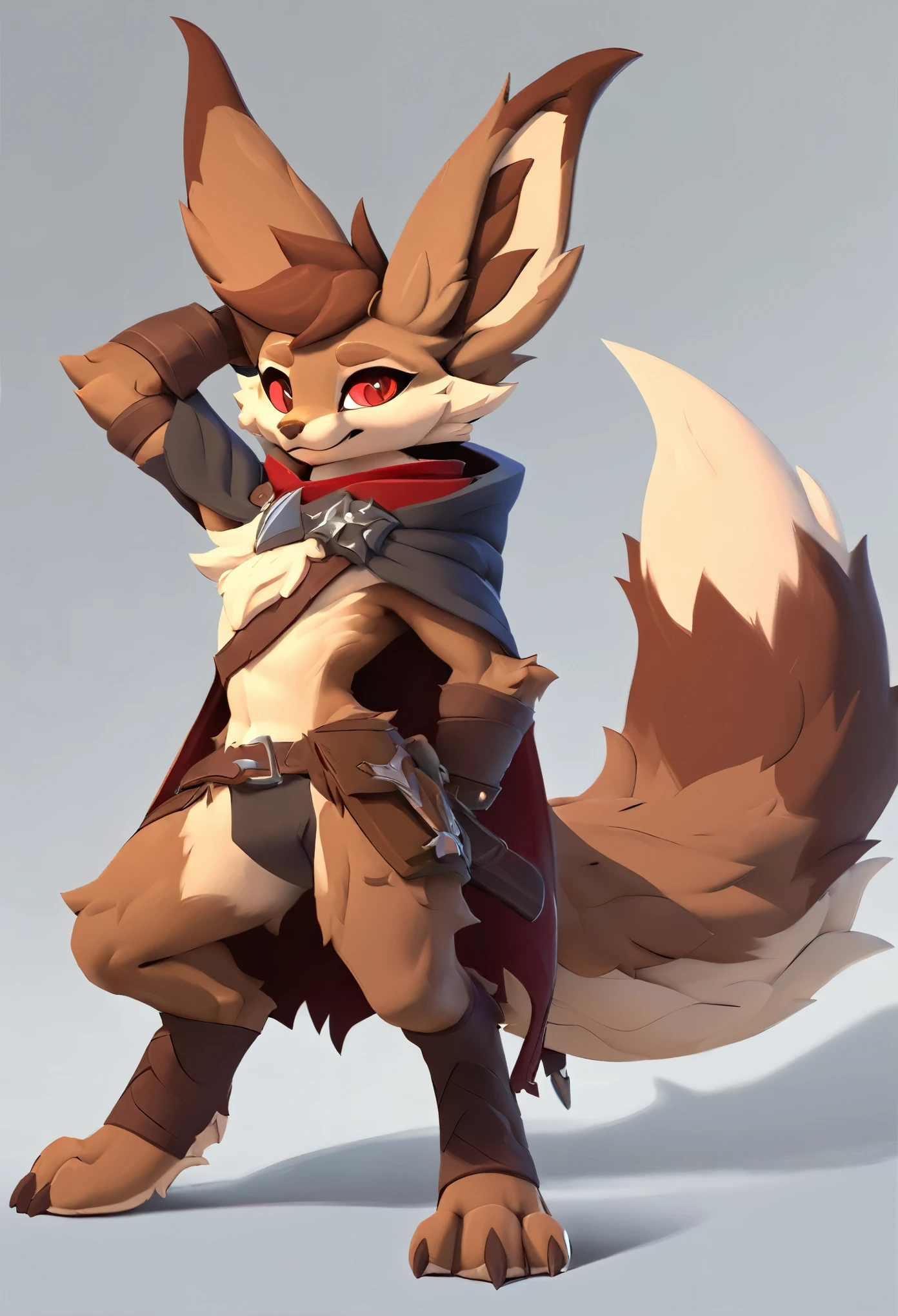 (top quality, best quality, High-quality illustrations, masterpiece) (hobkin, furry, anthro), male, full body concept, huge tail, fluffy fur, red eyes, cape clothing