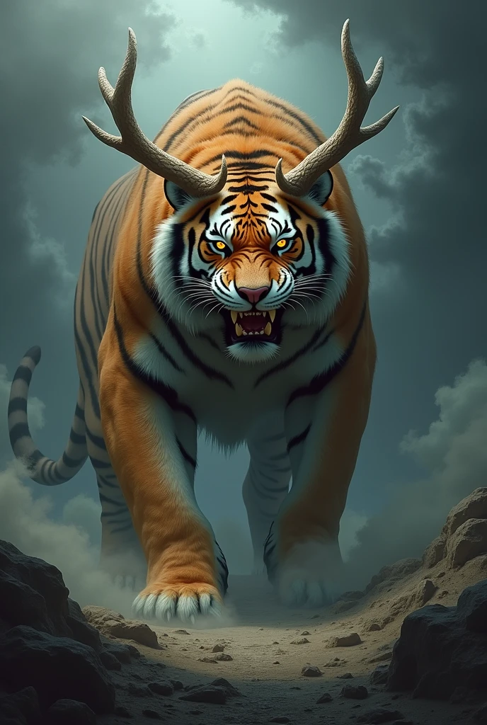 Gigantic dangerous and mythical muscular tiger with long deer horns with scary background