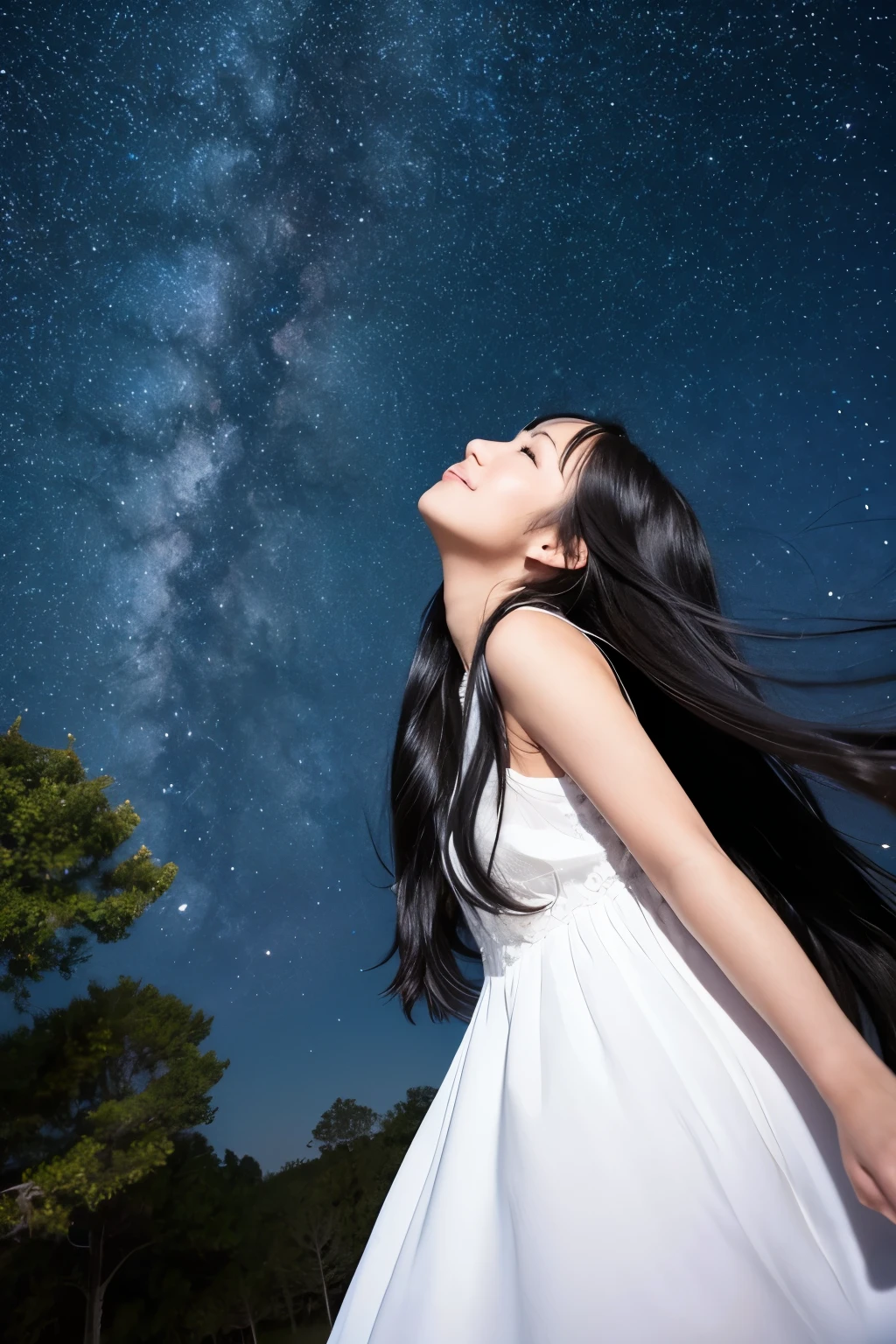A girl with long black hair is looking up at the starry sky、Dressed in a white dress