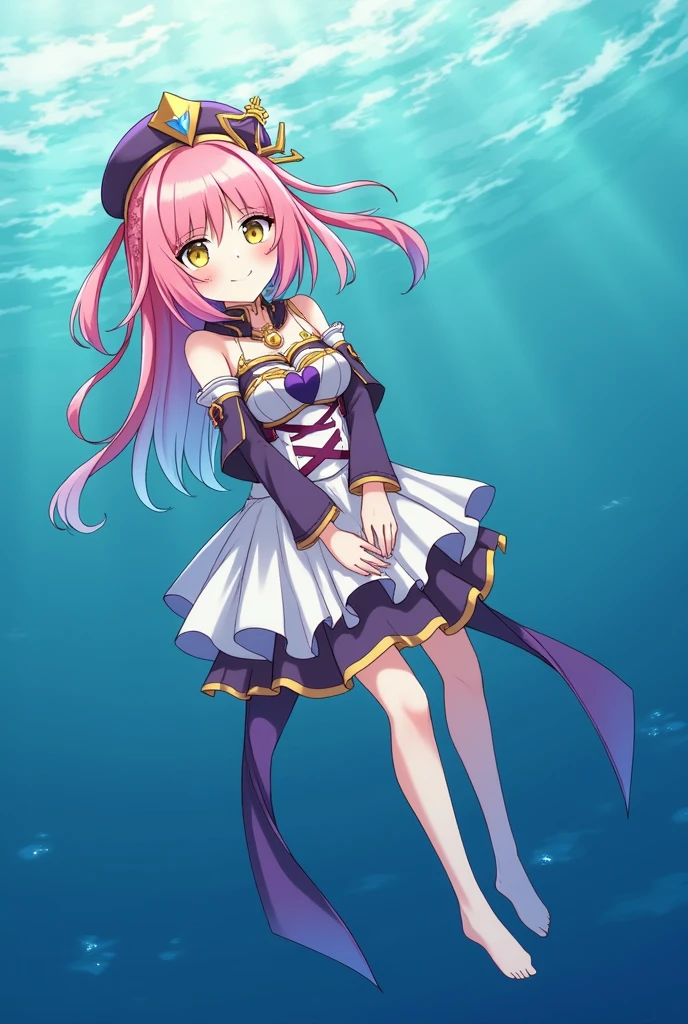 masterpiece, best quality, very aesthetic, absurdres, 1girl, mature_lady,,1girl, dori \(genshin impact\), genshin impact, pink hair, hat, detached sleeves, hair ornament, hair between eyes, jewelry, long sleeves, purple headwear, tinted eyewear, yellow eyes,under sea,floating_clothes,from above a guy from below putting his dick inside her