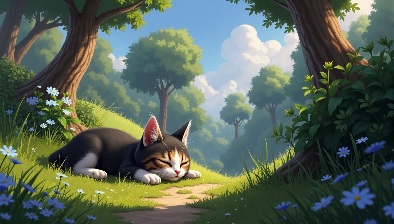 epic styles, digital art, extra detailed digital art, wallpaper, a young cat lying next to the little blue verry bush, cat's fur is black, white and brown, summer time, short green grass, little flowers, tree base behind the cat, short fur, closed eyes, peaceful atmosphere, heroic fantasy aestetics, dungeons and dragons, wide shot, perspective, atmospheric perspective, 16k, highres, award winning, best quality, high details, super detail, UHD, masterpiece