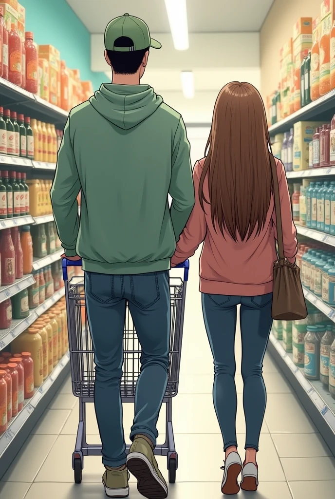 Manga A tall young man in a hoodie and a hat pushes a shopping cart, following a young woman with long brown hair in a supermarket.