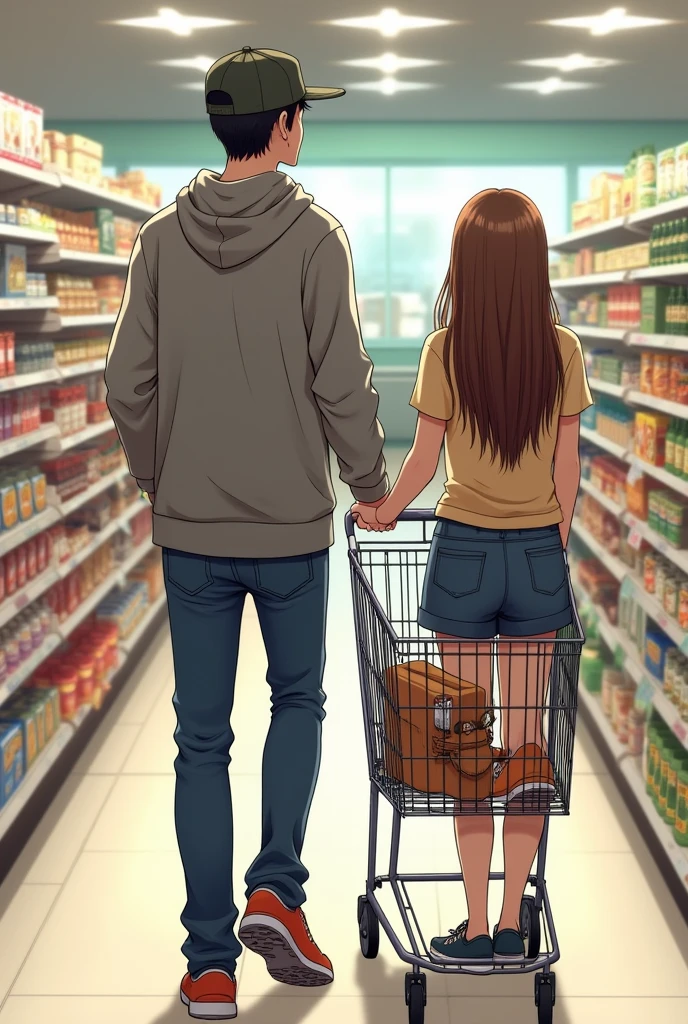 Manga A tall young man in a hoodie and a hat pushes a shopping cart, following a young woman with long brown hair in a supermarket.