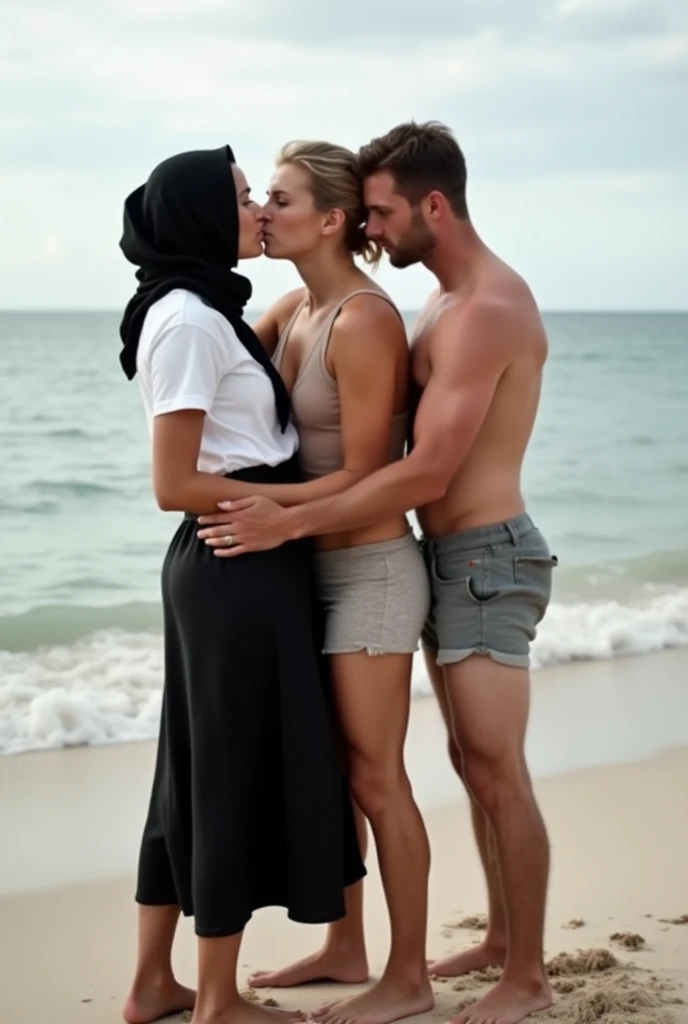 with black headscarf, white long sleeve t shirt, barefoot , Sexy skinny woman in jeans lying on the beach. 4 men touching a woman.Woman touches men&#39;s sweatpants with her hand.