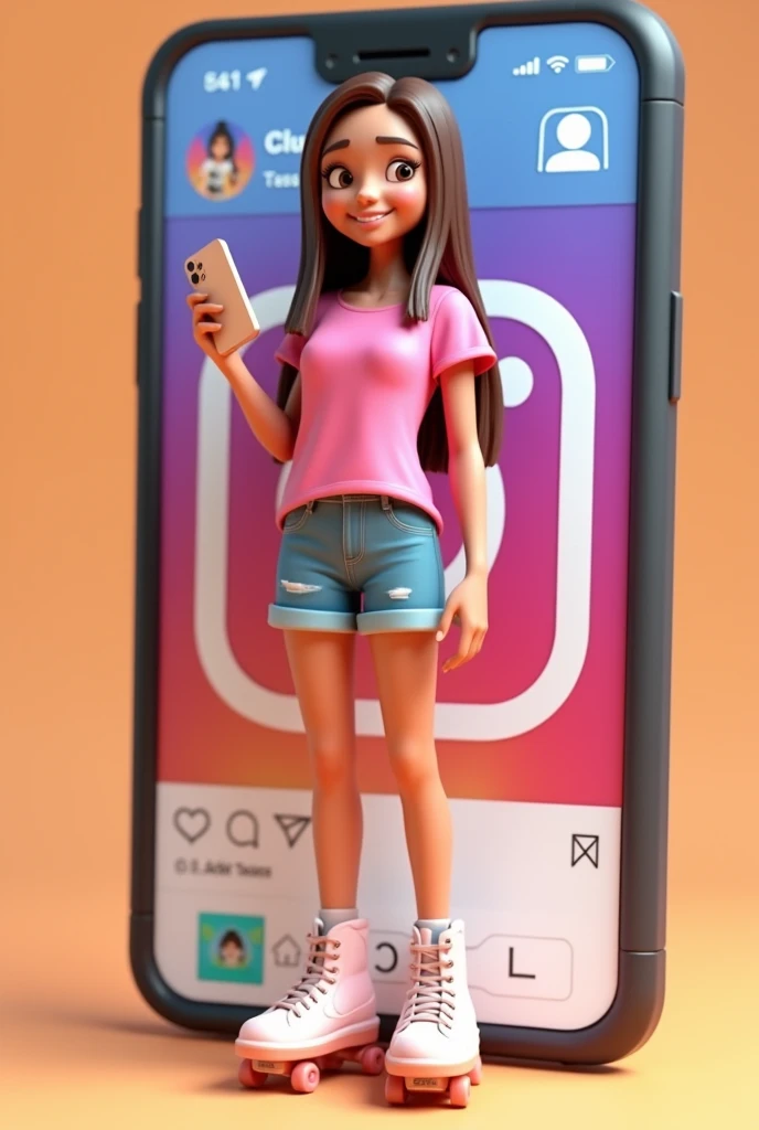 Create a 3D illustration of an animated Brazilian female character with glasses standing on roller skates casually next to a social media logo "instagramart". The character must wear a pink t-shirt, long and straight hair, skin fair, slightly slanted eyes,  holding an iphone. The background of the image is a social media profile page with the username "Claudia Tassi" and a matching profile photo.