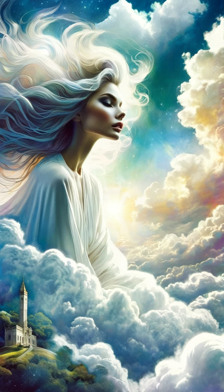surRealistic goddess woman sitting on cloud, Beautiful Landscape, sketch, Pen drawing, White Background, Very detailed, photoRealistic, Dramatic lighting, Vibrant colors, masterpiece, (Highest quality,4K,8k,High resolution,masterpiece:1.2),Very detailed,(Realistic,photoRealistic,photo-Realistic:1.37),Intricate details,Structure of the film,Dramatic Pose,elegant features,Porcelain-like skin,Sharp Eye,Fuller lips,Flowing Hair,Dreamy atmosphere,The existence of God,Heavenly Beauty,Floating in the clouds,Nice views,Natural elements,Inspired by Bill Sienkiewicz