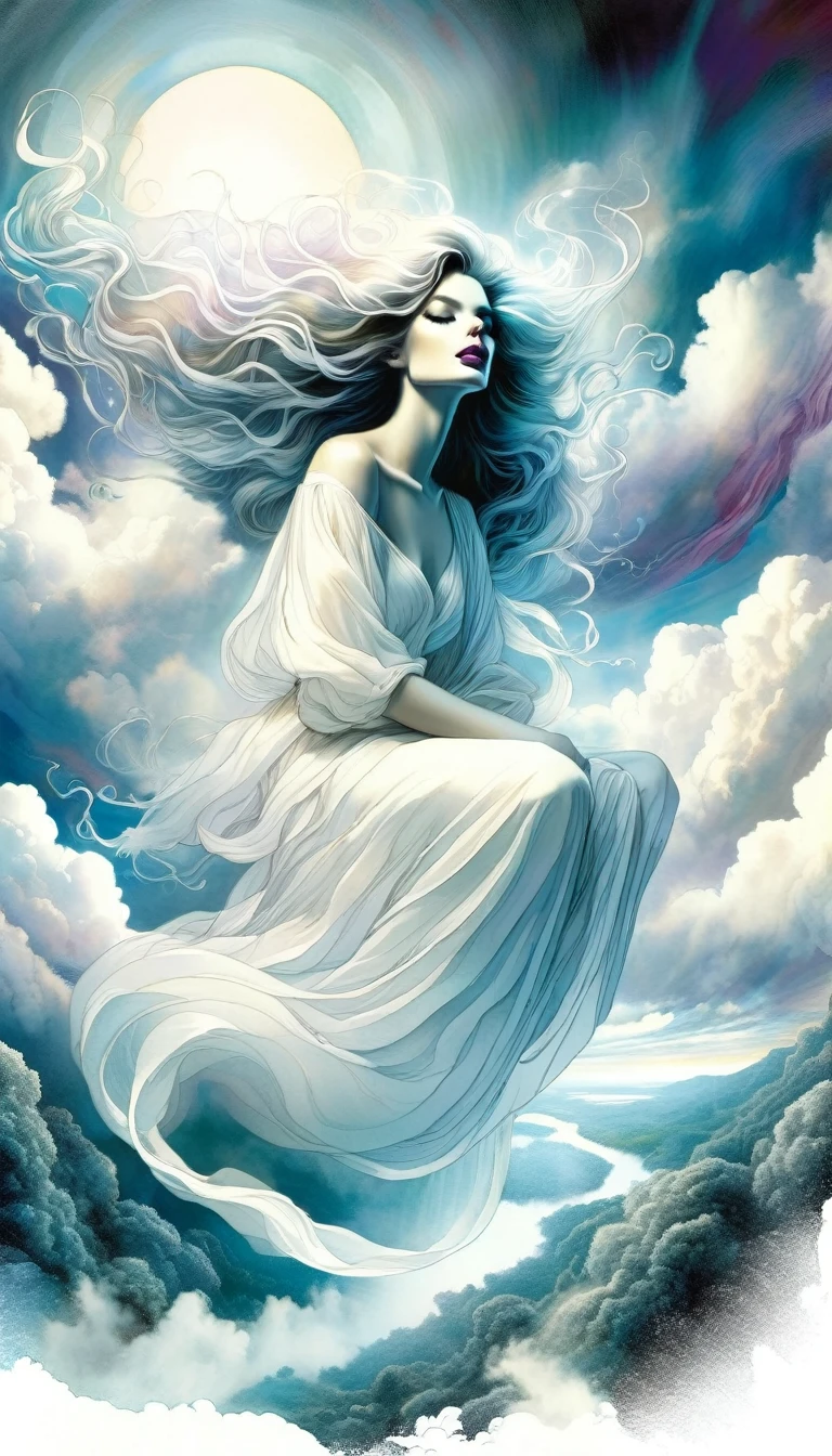 surRealistic goddess woman sitting on cloud, Beautiful Landscape, sketch, Pen drawing, White Background, Very detailed, photoRealistic, Dramatic lighting, Vibrant colors, masterpiece, (Highest quality,4K,8k,High resolution,masterpiece:1.2),Very detailed,(Realistic,photoRealistic,photo-Realistic:1.37),Intricate details,Structure of the film,Dramatic Pose,elegant features,Porcelain-like skin,Sharp Eye,Fuller lips,Flowing Hair,Dreamy atmosphere,The existence of God,Heavenly Beauty,Floating in the clouds,Nice views,Natural elements,Inspired by Bill Sienkiewicz