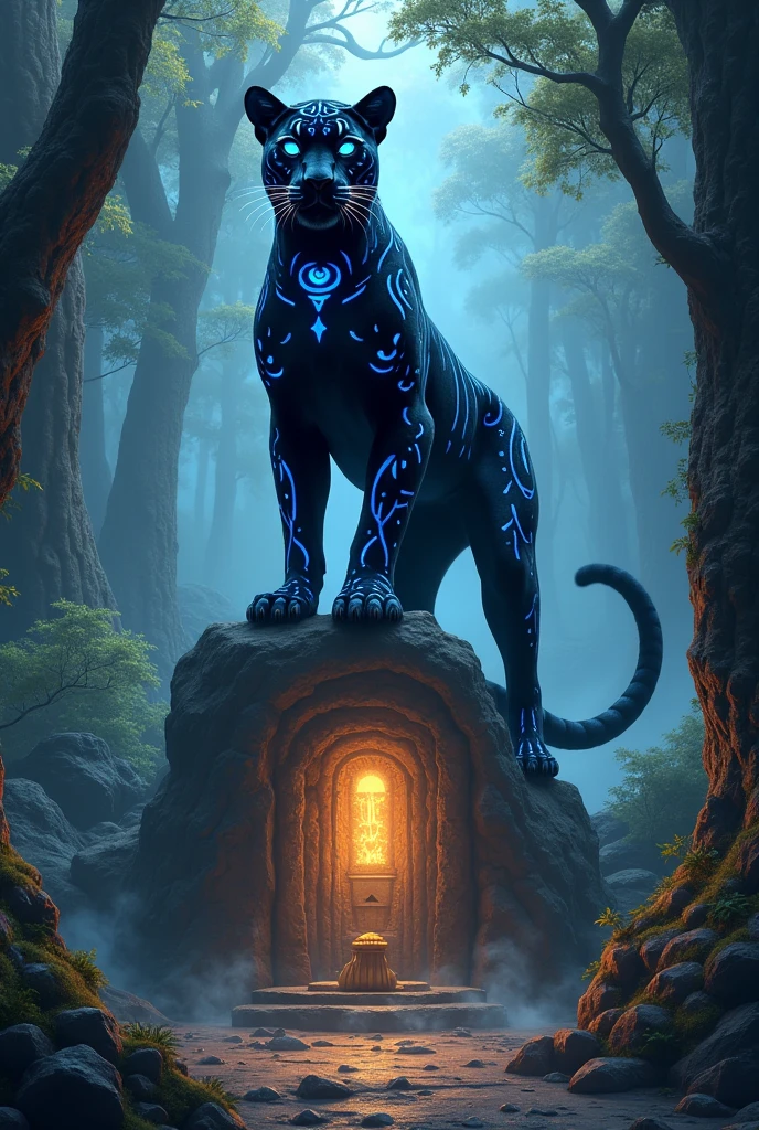 A mystical, otherworldly black jaguar standing tall on a glowing, ancient stone altar deep within an enchanted forest. The jaguar’s fur is covered in intricate, bioluminescent tribal markings that emit a soft, pulsating blue light. Its eyes, shining like twin sapphires, gaze intently into the distance, while its body exudes an aura of ancient power and wisdom. Surrounding the altar are swirling mists and ethereal wisps of light, with towering trees whose leaves shimmer in hues of silver and emerald, casting a surreal and magical glow across the scene. The atmosphere is both serene and powerful, evoking a sense of reverence and mystery."