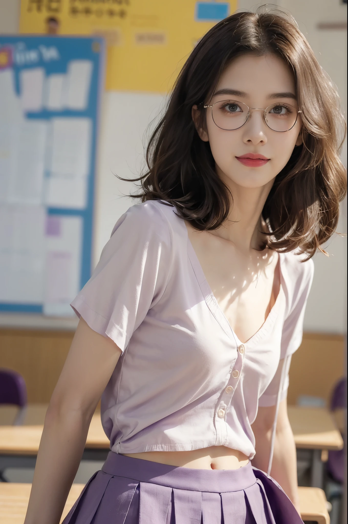 (((best quality))),(((ultra detailed))),(((masterpiece))),illustration,((1 beautiful young girl,female teacher,solo)),(shoulder-length wavy bob:1.3),(glasses:1.2),((slim,thin)),((small breasts,flat chest,bra)),(summer:1.3),(indoor:1.2),(in classroom:1.3),(light purple collared short-sleeved shirt:1.3),(open shirt:1.5),(maxi purple skirt:1.3), elegance, confidence, professional attire, fashionable, personal style, wall posters, maps, colorful, learning, organized, desks, chairs, whiteboard, important information, diagrams, bright eyes, focused, gentle smile, warmth, kindness, positivity, enthusiasm, inspiring, students, joy, intelligence, snapshot, dedication, grace,((from front,upper body))