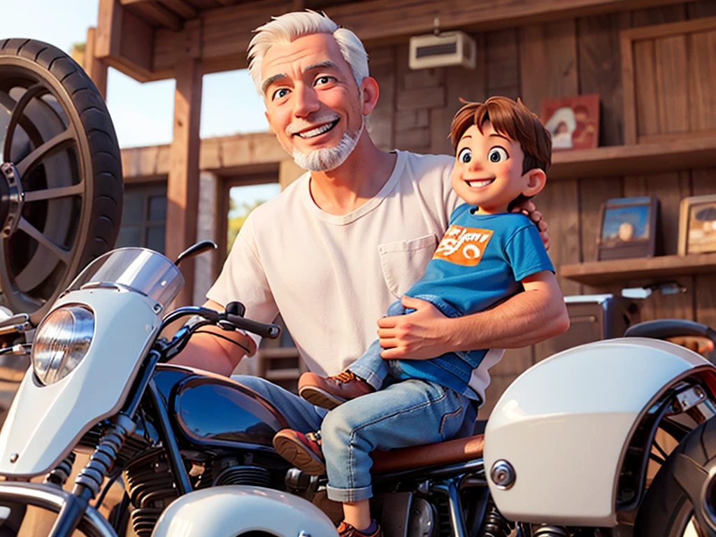 motorcycle mechanic father, holding son in lap, smiling