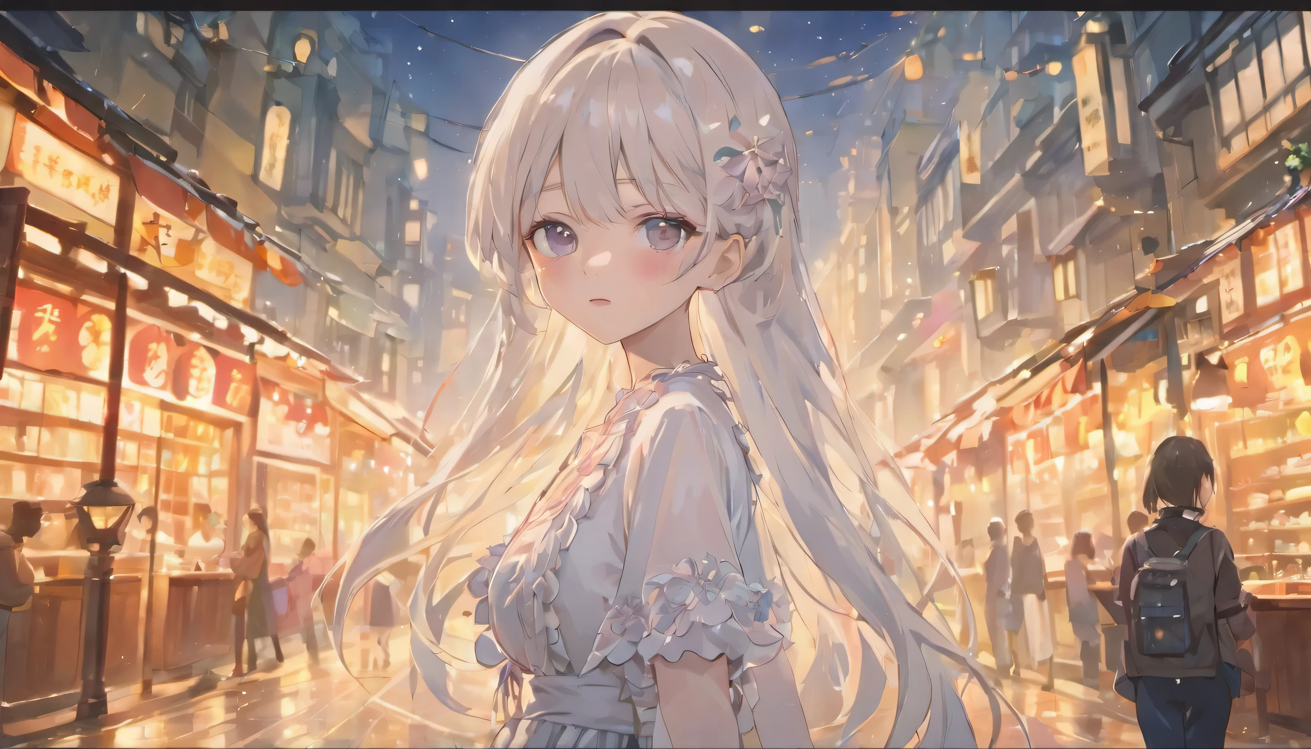 mix4, (16 K, Raw photography, Top image quality, masterpiece: 1.45), (realisitic, Photorealsitic: 1.37), one girls, 7.5, etc、Standing figure、Night time zone、cute little, A city scape,, photon maping, Cityscape with street trees, physically-based renderingt, Brown Long Hair,, a handsome, Well-groomed and beautiful eyes、Large double eyelids、Very shiny、girl with, (((White Dress)))、 Top Quality Photos, hight resolution, 1080p, (clearface), (Detailed face description), (Detailed hand description), (masterpiece), (Exquisite CG)、extreme light and shadows、dishevled hair、master work、abundant detail、(Fine facial features)、(top quality photo)、(masuter piece)、(A detailed eye)、Look in front of you、Fine clavicle、((Slender big))、(((Japan schoolgirl in white dress)))、((Ready Idol System))、((Boulevard with street trees、Bookstore Street、streetlights))、(Shooting from random perspectives)、(((Anyway cute)))、耳Nipple Ring、A big smile、Drawing the whole body from the feet、Do not draw nasolabial folds、(((White dress with short sleeves)))、(Big breasts that hang down big:0.9)、Big buttocks with tension、Two arms and two legs、(((from the front side:0.5)))、bare hand、No mask