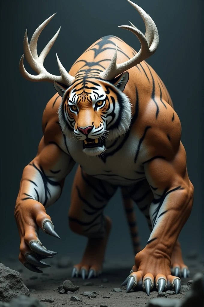 Design a monstrous pig and tiger hybrid with exaggerated, fully sculpted muscles, featuring lifelike, textured skin and scales, set against a stark, dark background for a dramatic, chilling effect."