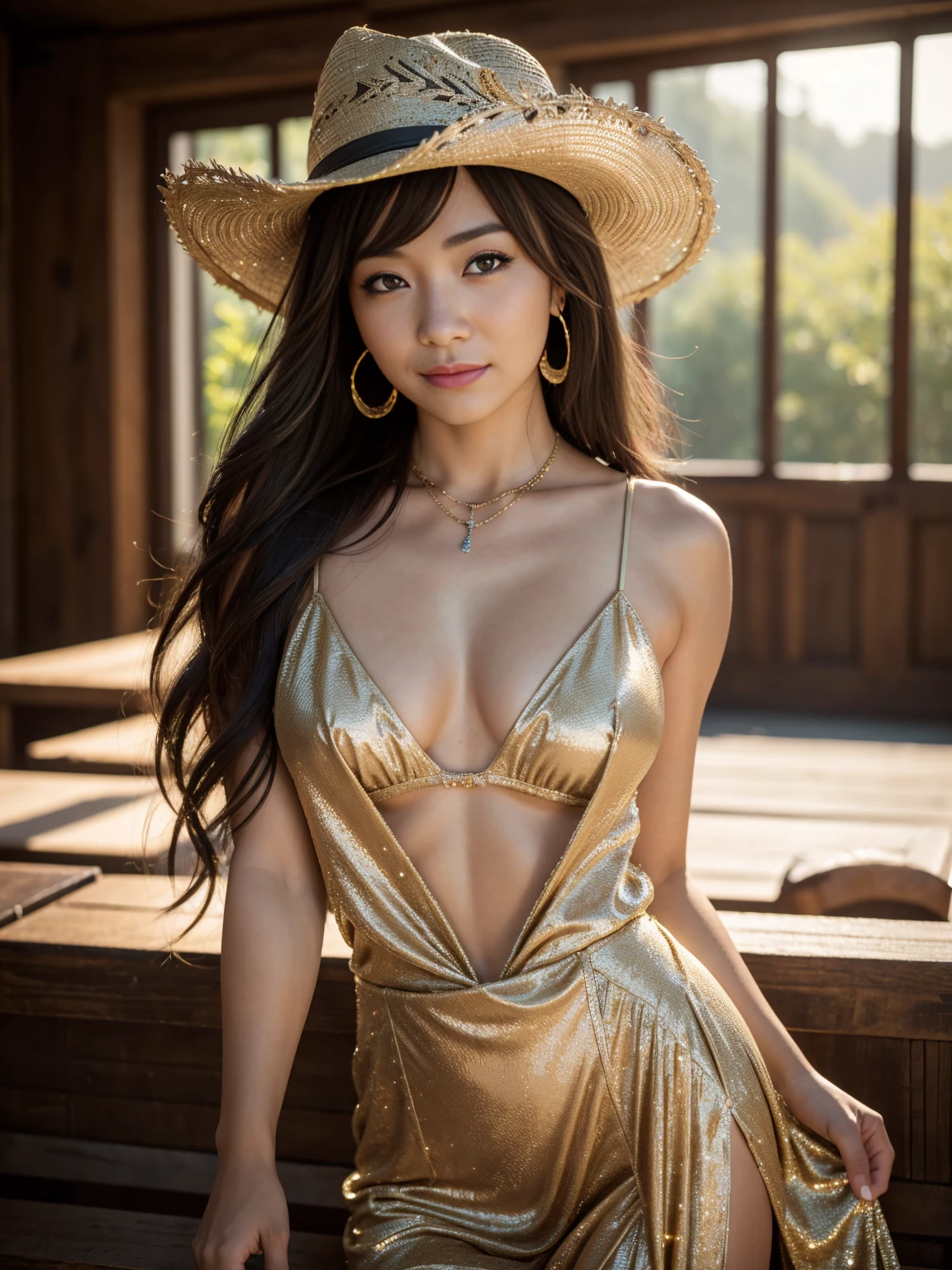 best quality, masterpiece, highres, 1girl ((mion sonoda)), sexy cowboy outfit, beautiful face, hair ornament, looking at viewer, smile, closed mouth,lips, dress,hair ornament, necklace, jewelry, long hair, earrings, Beautiful face,upon_body, tyndall effect,photorealistic, dark studio, rim lighting, two tone lighting,(high detailed skin:1.2), 8k uhd, dslr, soft lighting, high quality, volumetric lighting, candid, Photograph, high resolution, 4k, 8k, Bokeh