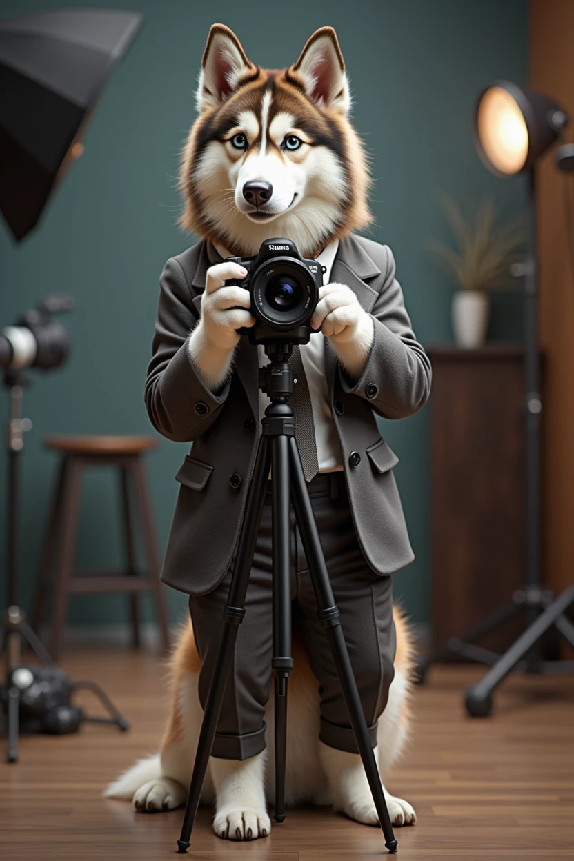 cute dog,Husky,Personification,full-body shot,Nice dog,PhotographerImage,Hairy feet,Holding a camera,tripod,Photographer,Photo gesture,Set,Suit,tie, (Delicate face), (Fine hairs),(35mm Cinema Lens),(Multi-angle shooting),(many viewing angles)