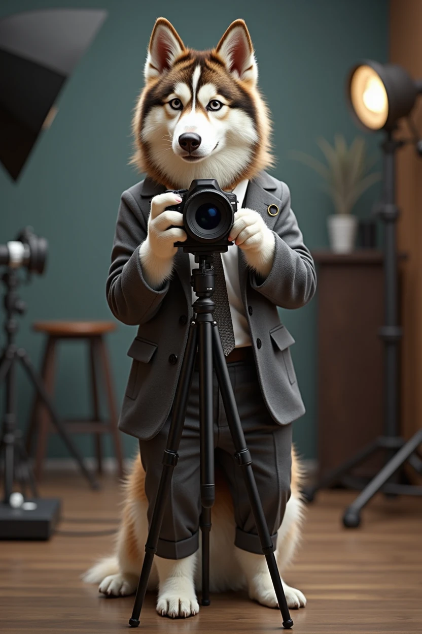 cute dog,Husky,Personification,full-body shot,Nice dog,PhotographerImage,Hairy feet,Holding a camera,tripod,Photographer,Photo gesture,Set,Suit,tie, (Delicate face), (Fine hairs),(35mm Cinema Lens),(Multi-angle shooting),(many viewing angles)