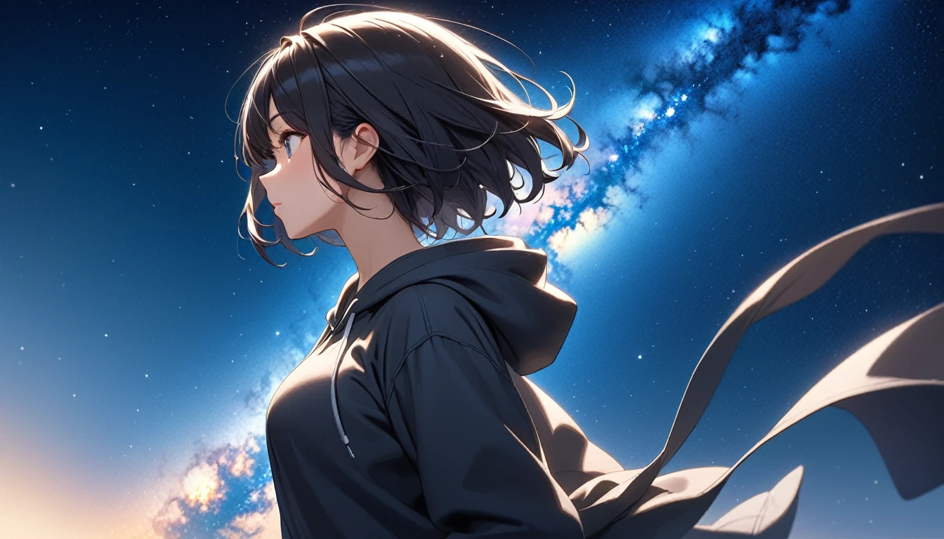 Starry Sky、milky way、One woman、Black Hair、Short Hair、Hair blowing in the wind、profile、Wearing a hoodie、Back view、Upper Body、Low - Angle