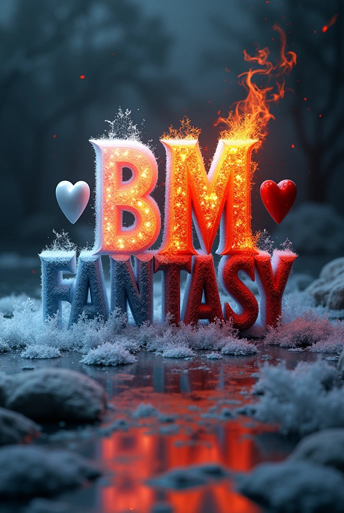 Letters in fire and ice that say ( BM FANTASY ) with three hearts, one white, one red and one black