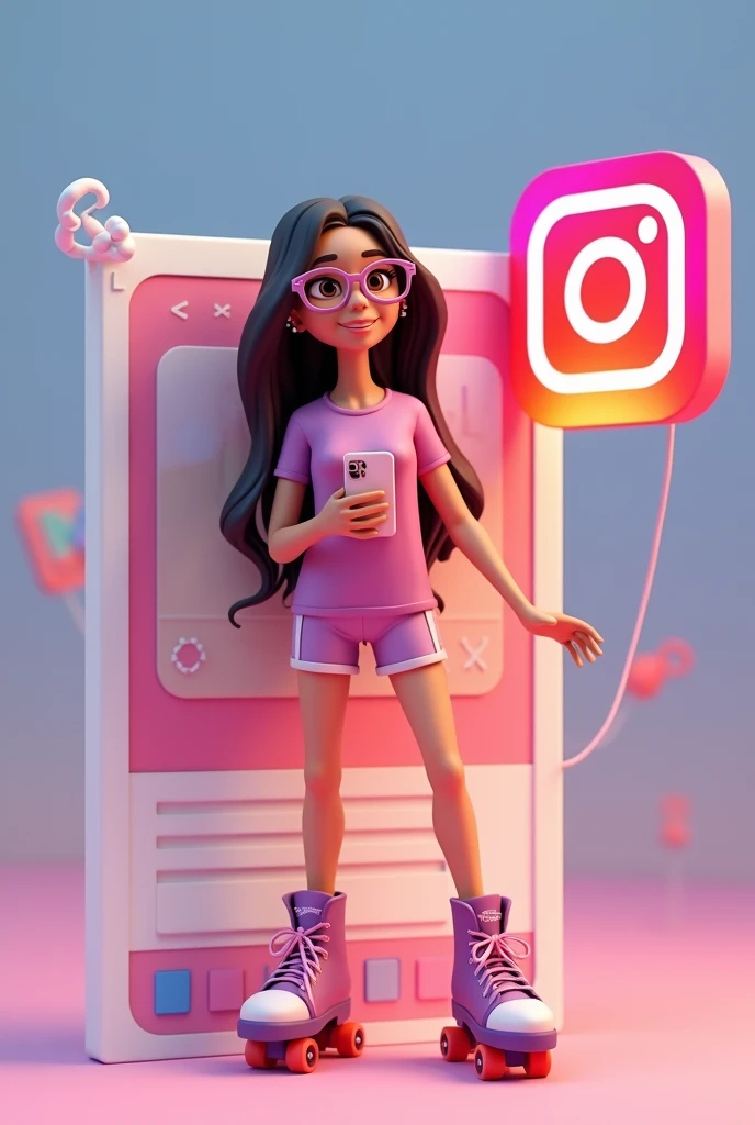 Create a 3D illustration of an animated Brazilian female character with glasses standing on roller skates casually next to a social media logo "instagramart". The character must wear a pink t-shirt, long and straight hair, skin fair, slightly slanted eyes, holding an iphone. The background of the image is a social media profile page with the username "Claudia Tassi" and a matching profile photo.