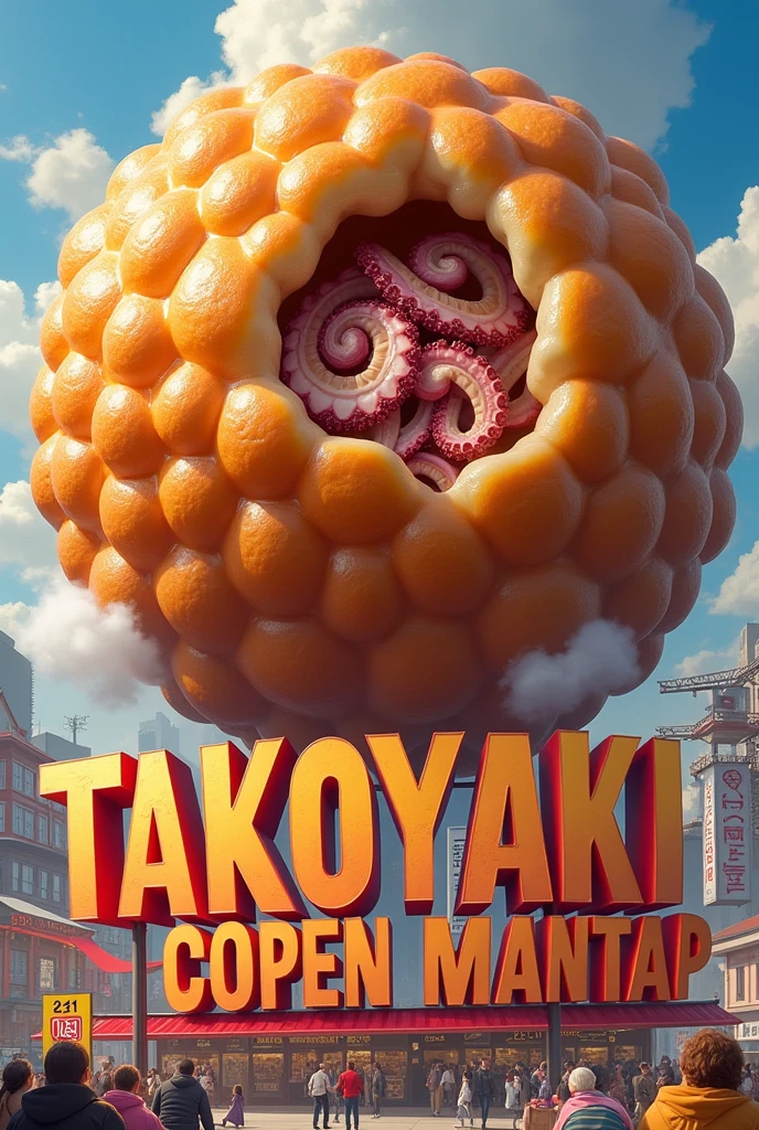 Make a giant takoyaki picture, Below it there is a large text that says "Takoyaki Copen Mantap"