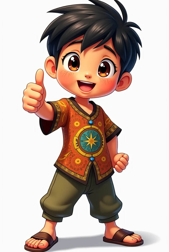 A young boy with black hair military cut, brown eyes and brazilian clothes, anime style giving thumbs up 