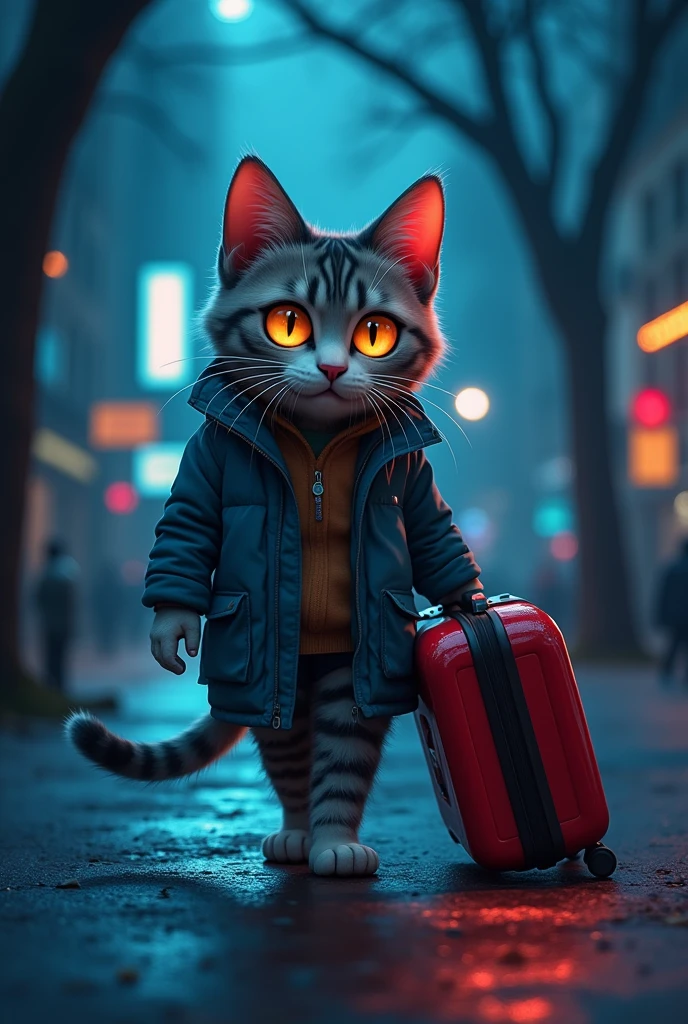 “Create an image of an anthropomorphic feline character, a cat with tears in its eyes, tears falling down its ultra-real face, feeling sad, very sad, holding its suitcase full of things, walking alone on the street, trees with low light Around him, the cat has a neon light effect.