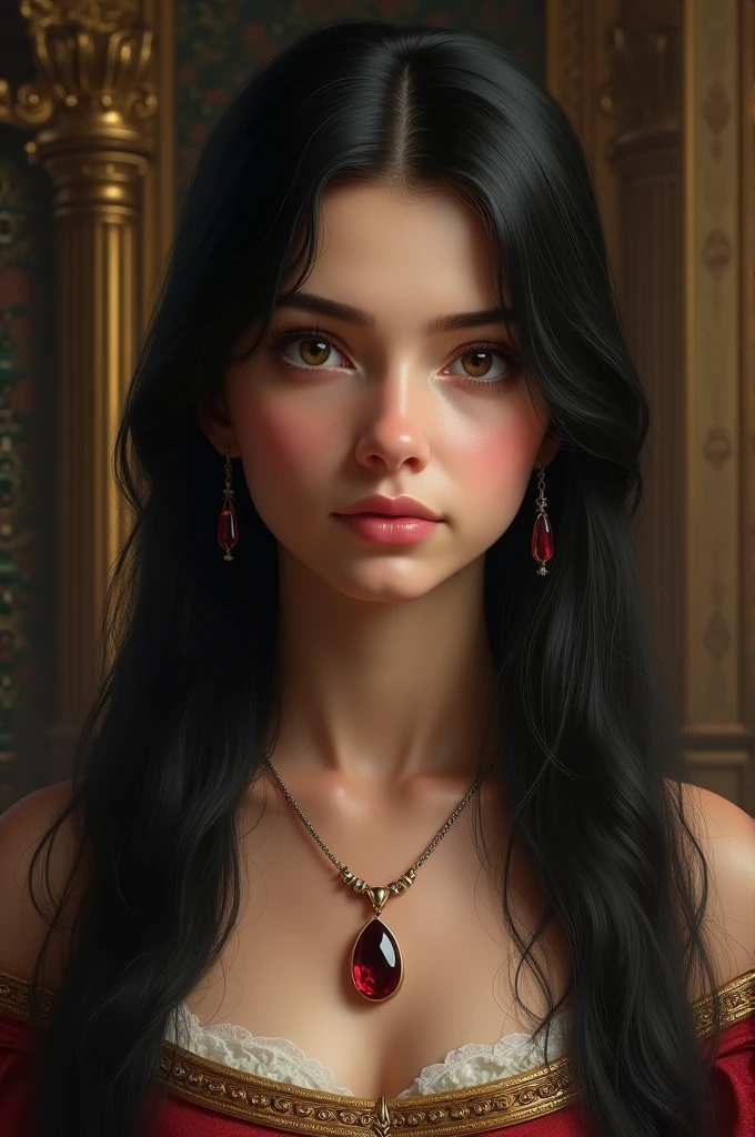 girl with long hair, straight and jet black, High-class, in the 10th century, in the south of France, with a necklace that has a garnet stone. super realistic image. from the waist up