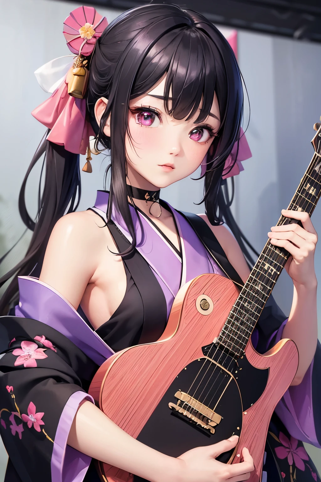 masterpiece, best quality, highly detailed, high resolution, expensive resolution, high resolution, 4K, 8k, Unity 8k wallpaper, highly detailed CG, masterpiece, 2D, 3D, beautiful details, depth, fine texture, best quality: 1.3, perfect focus, crispy skin, he, very cute anime girl, girl wearing a Japanese fancy floral haori hakama and playing guitar vocals in a band, ear mic, outdoor stage, full body, expensive black hair in short twin tails with pink inner, mole under eye, looking at the viewer, expensive, blush, mole, open lips,, heart shaped choker, pink eyes, guitar vocals, ear mic, stage