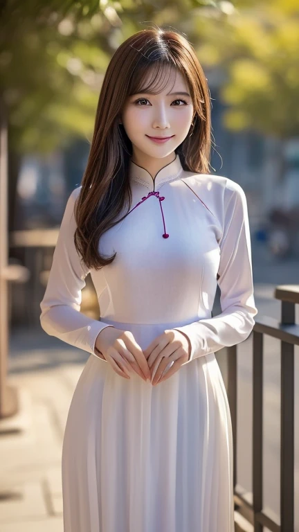 ((Highest quality、8k、masterpiece:1.3))、Ultra HD、Detailed Background、(Vietnam cityscape)、((Ao Dai:1.3))、Young Japanese woman、(Anatomically correct body)、(Perfect Body Beauty:1.3)、(Highly detailed beautiful face、Beautiful skin texture)、Correct finger、Captivating smile、Looking into the camera,(Right Eyes、Beautiful Eyes)、double eyelid、Huge breasts、Beautiful curves、Beautiful long legs,