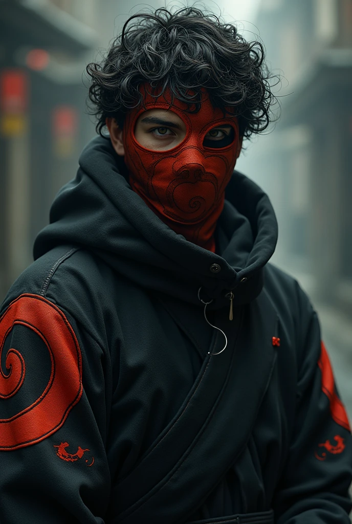 Dark-haired ninja with curly hair wearing an orange one-eyed mask with a spiral, wearing a black cloak with red clouds.