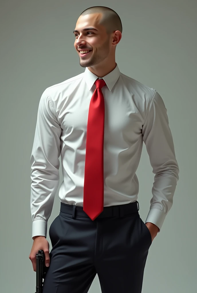 Create a image of a boy 20 years age look like agent 47 give him a red tie and a good smile with hair  represent with areal time person hold ing gunin hand standing in triangular way  change the stance