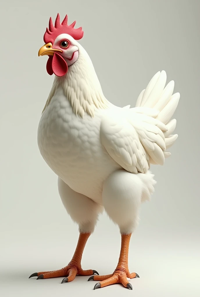 Create an image of a white chicken with one human foot and the other with a chicken leg