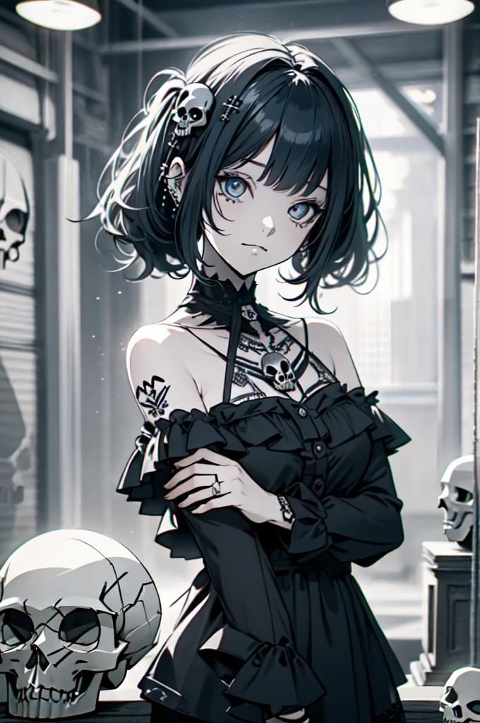 hair ornaments、piercings、tattoo、good_punk, 1girl in, Alone,、highest qualityr, photorealistic, Some ultra-fine illustrations, Beautiful attractive anime girl,(Mini dress:1.4),  Miku Hatsune, Skinny body, tied hair, a  girl, A picture of a girl, Full body shot, beautiful blue eyes:1.4, Converted,arete、hair ornaments、jewely、Miku Hatsune、(fondo Skull Night Cemetery:1.4), unreal engine:1.4,UHD,The best quality:1.4, photorealistic:1.4, skin texture:1.4, masterpiece:1.8,(detailed:1.4),