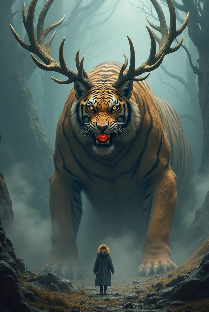 Gigantic dangerous and mythical muscular tiger hybrid with deer with long deer horns with scary background