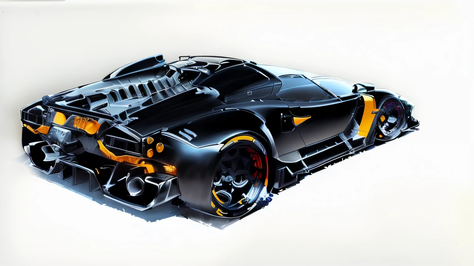 a drawing of a car with a large engine in the rear, line work concept art, concept drawing my syd mead, car drawing, anime art vehicle concept art, Syd Mead style, car concept art, badass batmobile car design, inspired by Syd Mead, hyper-detailed line art, sci-fi car, Ink sketch, Styled by Syd Mead, black ink line art