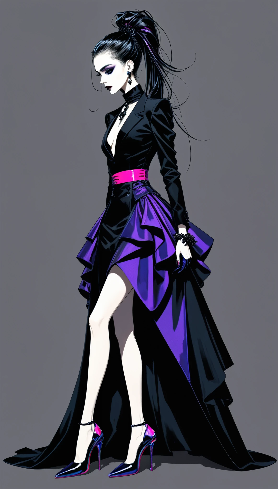 in style of Santiago Caruso,in style of Hans Hartung,in style of Carolina Herrera
1girl,character concept design,half body,high tied Ponytail,(gravure_pose:1.6),leaning forward,goth style clothing accessories,lively dynamic color matching,unique tailoring carolina herrera style,gorgeous,noble,extreme fluorescence gothic aesthetics,(the ultimate mercury heels,corresponding color of the background:1.4),long hair,