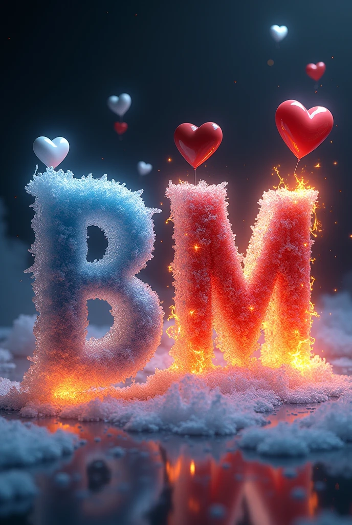 Letters in fire and ice that say ( BM FANTASY ) with three hearts, one white, one red and one black