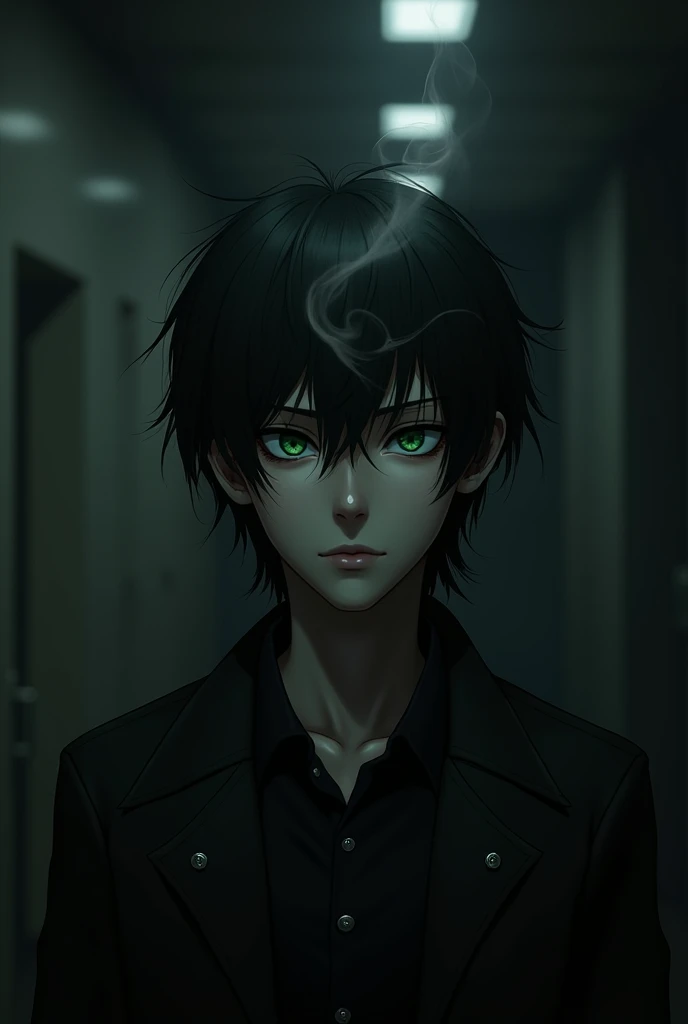 Eren Yeager with green eyes and in dark room with little smoke