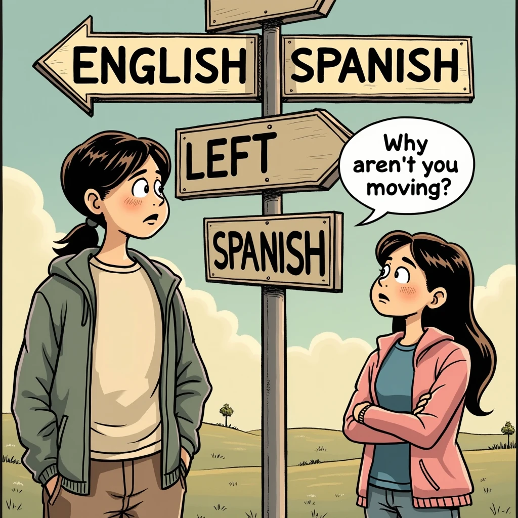 An image of a girl and a boy, they are looking at a signboard where a arrow shape sign boar pointing towards left has "ENGLISH" written on it and a signboard pointing towards left has "SPANISH" written on it, the boy standing still and the girl is confised a speech bubble appear from her "Why aren't you moving?"