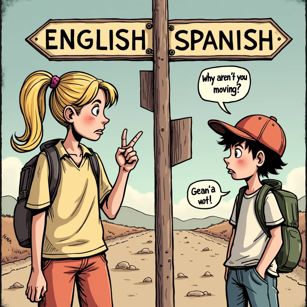 An image of a girl and a boy, they are looking at a signboard where a arrow shape sign boar pointing towards left has "ENGLISH" written on it and a signboard pointing towards left has "SPANISH" written on it, the boy standing still and the girl is confised a speech bubble appear from her "Why aren't you moving?"