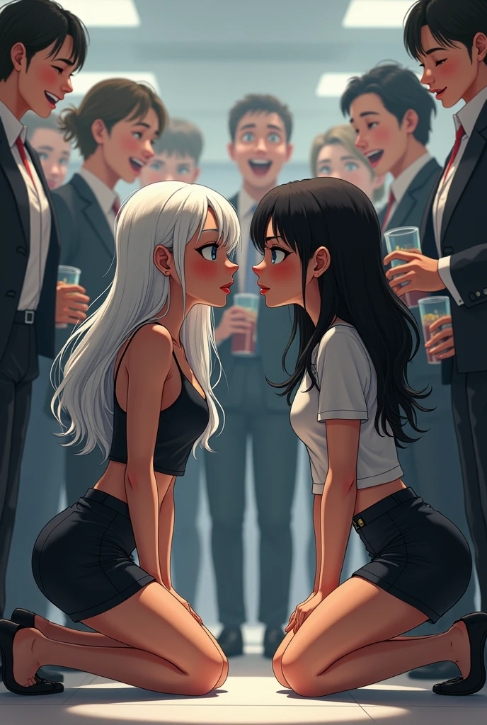 Checkpoint Two girls kneeling in front of a company, one is white hair, blue eyes and the other is black-haired, dark green eyes, People around him throw their drinks at him, while laughing.