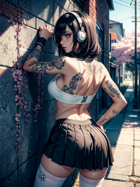 Slim body type, slender body , 1 girl, beautiful face, a emo punk school girl bending over, looking back, panty visible, white panties, small breasts, beautiful detailed eyes, beautiful detailed lips, extremely detailed face and hair, Goth makeup, long eyelashes, pleated skirt, white blouse, knee-high socks, loafers, school campus, cherry blossom trees, against the wall, headphones, sunlight, vibrant colors, intricate details, realistic, photorealistic, 4k, high resolution, best quality, masterpiece, tattoos