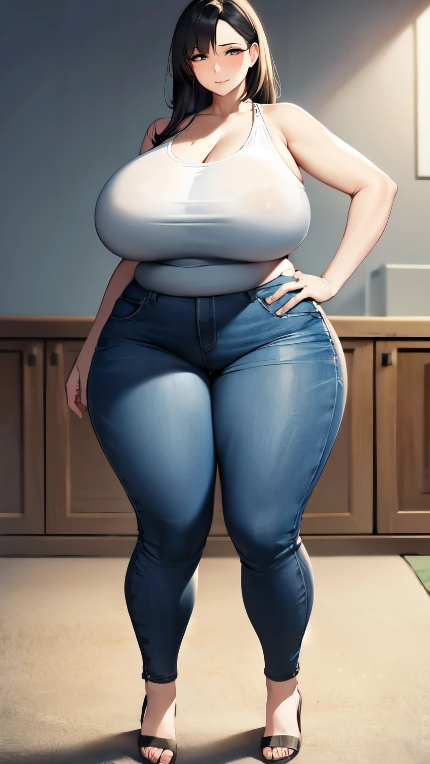 Huge breasts, Big Hips, Tank top, Denim shorts, Full Body Shot, Mature mother, Whipping the lower body, Plump thighs, Calf, Seductive mature woman, Perfect body, Plus Size Model,