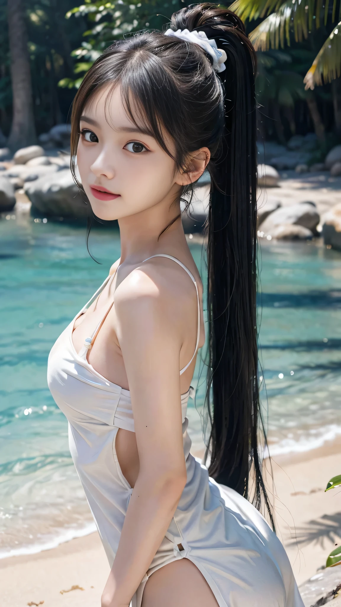 body shot,Outdoor,micro bikini,resort Beach,The highest image quality, High quality, the background is clear,Beautiful woman, Japanese,Ultra-detailed, finely detail, hight resolution, 8k Wallpaper, Perfect dynamic composition, Beautiful detailed eyes , Detailed, Detailed eyes, Detailed skin, Beautiful skin, 超hight resolution, (reality: 1.4),Very beautiful woman, Slightly younger face, Beautiful skin, Slender, (Ultra photo realsisim), (hight resolution), (8k), (Very detailed) (beautifully detailed eyes), (super detailed), (Detailed face), view the viewer, Fine details, Detailed face, Staring straight ahead, Staring straight ahead, photos realistic, Bright lighting, Professional Lighting, Black hair,poneyTail,a baby face,sixteen years old,Hairstyle: ponytail,Long ponytail hairstyle,slight smile,Beautiful Japanese KPOP idol photo, hair style is ponytail, my eyes are double and wide, baby face, smile and look straight ahead, Slender, small breasts,