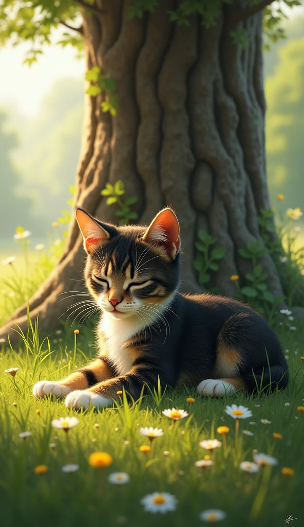 epic styles, digital art, extra detailed digital art, wallpaper, a young cat lying next to the little blue verry bush, cat's fur is black, white and brown, summer time, short green grass, little flowers, tree base behind the cat, short fur, closed eyes, peaceful atmosphere, heroic fantasy aestetics, dungeons and dragons, wide shot, perspective, atmospheric perspective, 16k, highres, award winning, best quality, high details, super detail, UHD, masterpiece