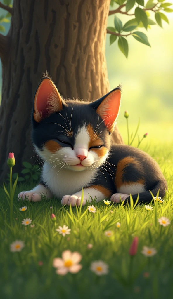 epic styles, digital art, extra detailed digital art, wallpaper, a young cat lying next to the little blue verry bush, cat's fur is black, white and brown, summer time, short green grass, little flowers, tree base behind the cat, short fur, closed eyes, peaceful atmosphere, heroic fantasy aestetics, dungeons and dragons, wide shot, perspective, atmospheric perspective, 16k, highres, award winning, best quality, high details, super detail, UHD, masterpiece