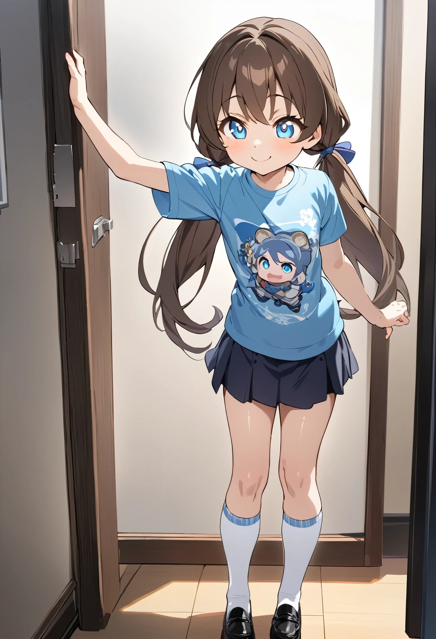 (masterpiece:1.2, Highest quality),(anime), ****************,smile,Light blue eyes,Drooping eyes,Brown Hair,Pigtails,Light blue printed T-shirt,Black Mini Skirt,Black and white striped knee-high socks,Are standing