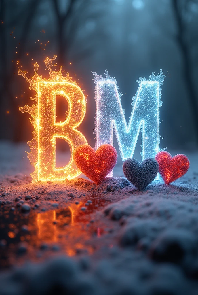 Letters in fire and ice that say ( BM FANTASY ) con tres corazones uno 
Blanco uno rojo y uno negro 🤍❤️🖤